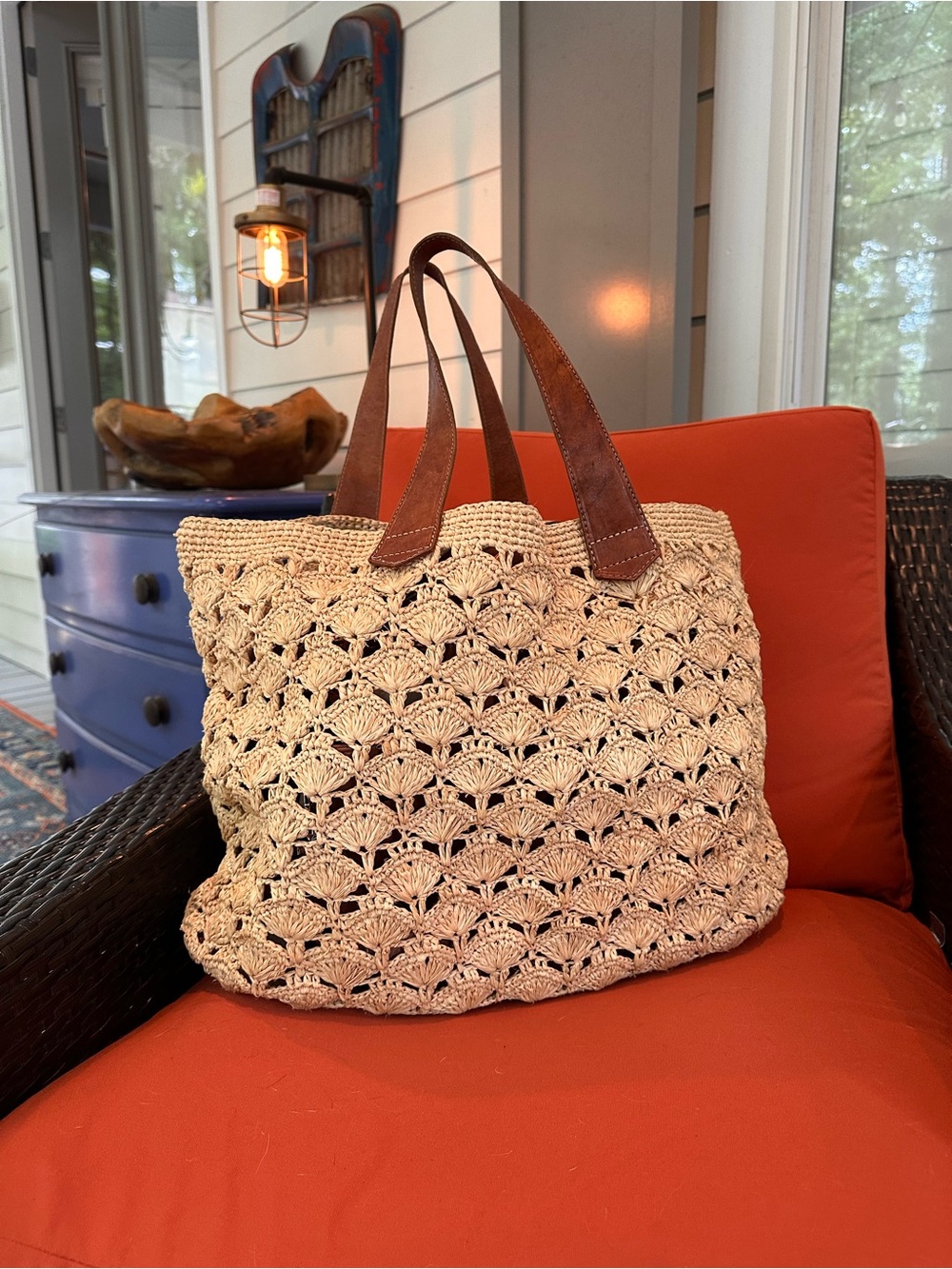 Mar Y Sol Woven Cream Tote with Brown Leather Handles